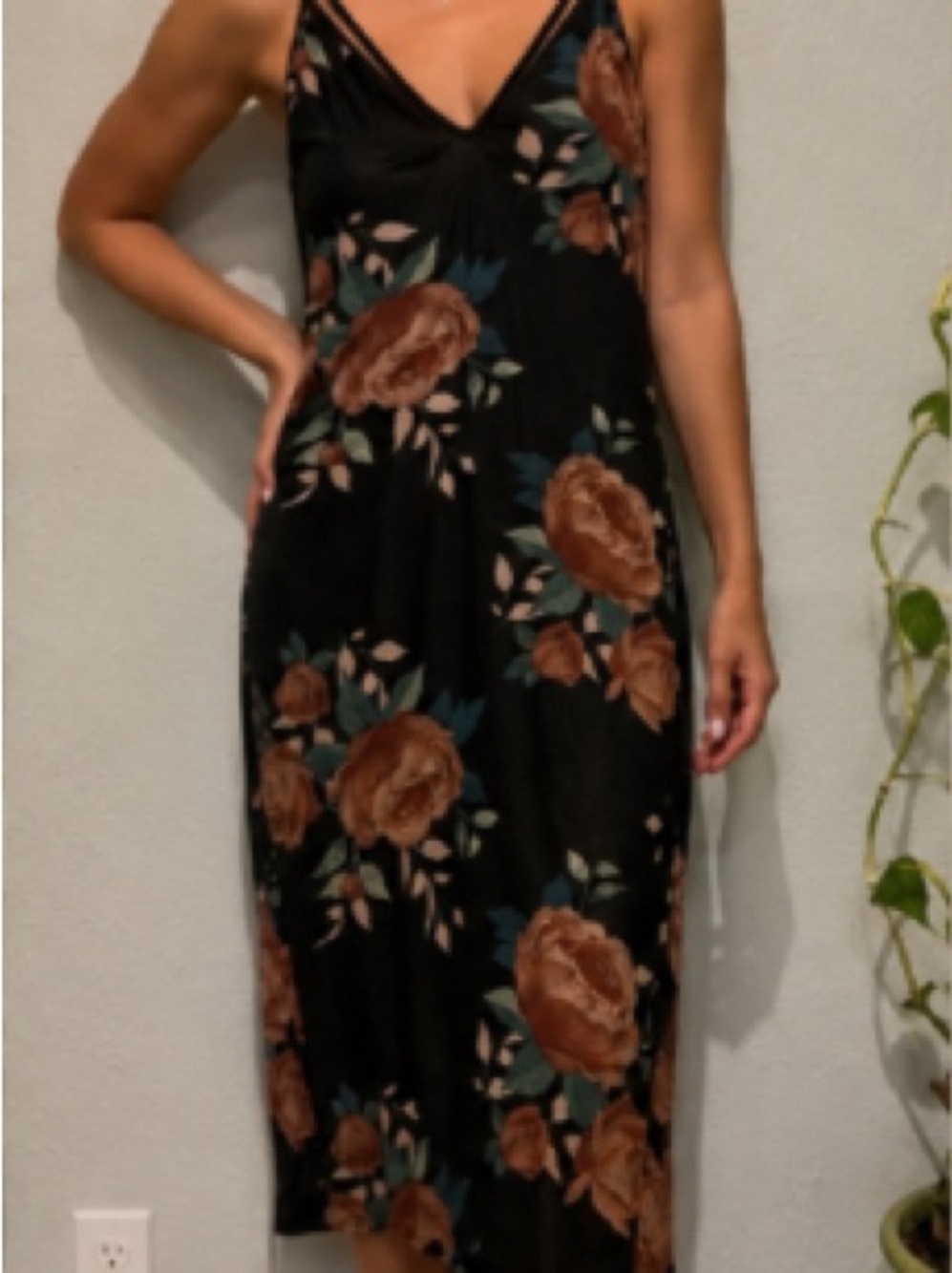 January 7 Black Backless Floral Slip Dress with Pink Rose Print